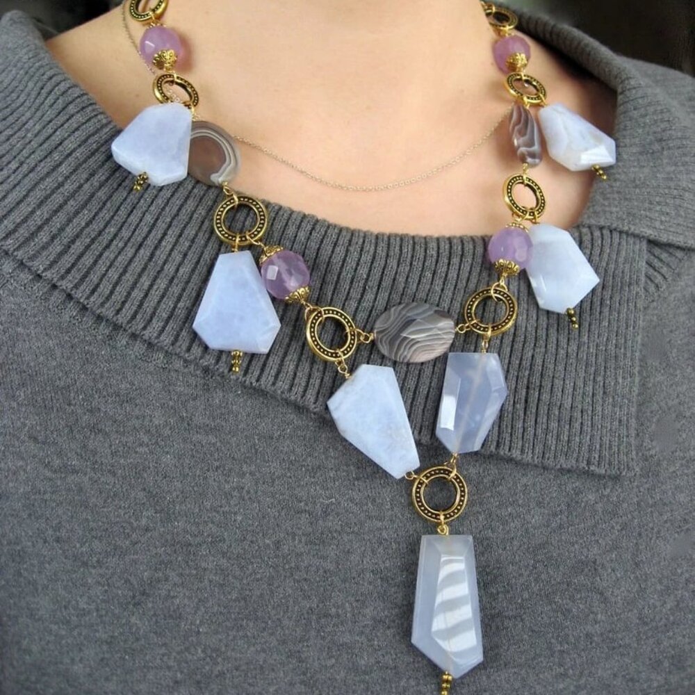 Statement Natural And Lab Gemstones Alexandrite Agate Chalcedony Necklace